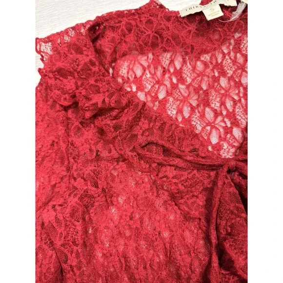 Thirty Thirty LA Red Lace Ruffle Tie Front Top Bell Sleeve Sheer Coquette NWT - Picture 8 of 15
